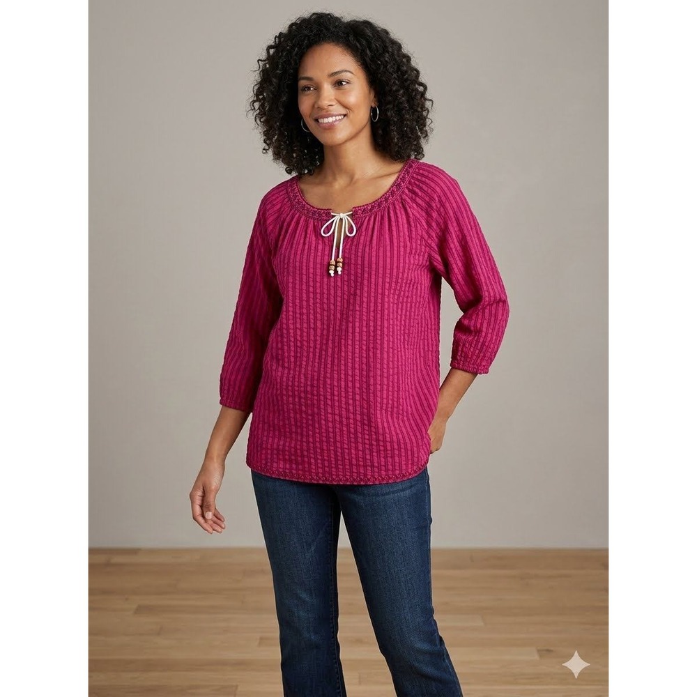Eddie Bauer Magenta Pink 100% Cotton Gauze Peasant Top 3/4 Sleeve XXL
